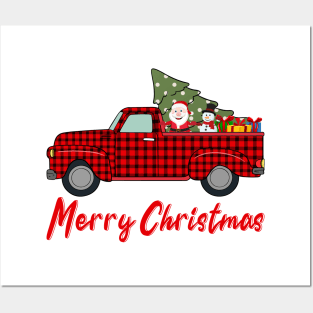 Merry Christmas Funny Buffalo Plaid Truck Posters and Art